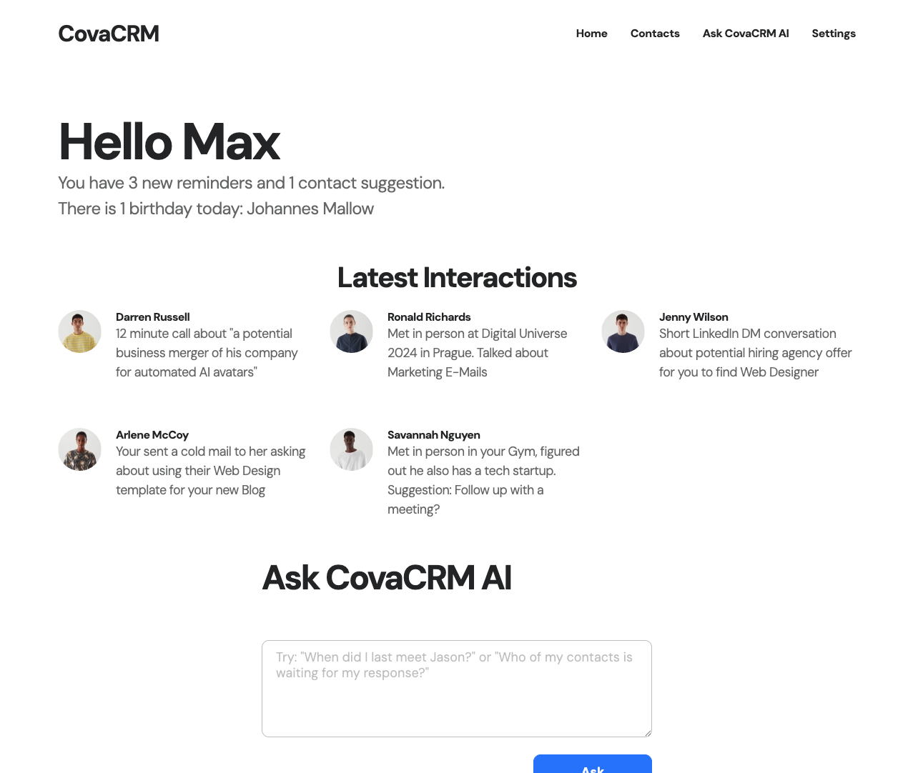 CovaCRM Dashboard Screenshot